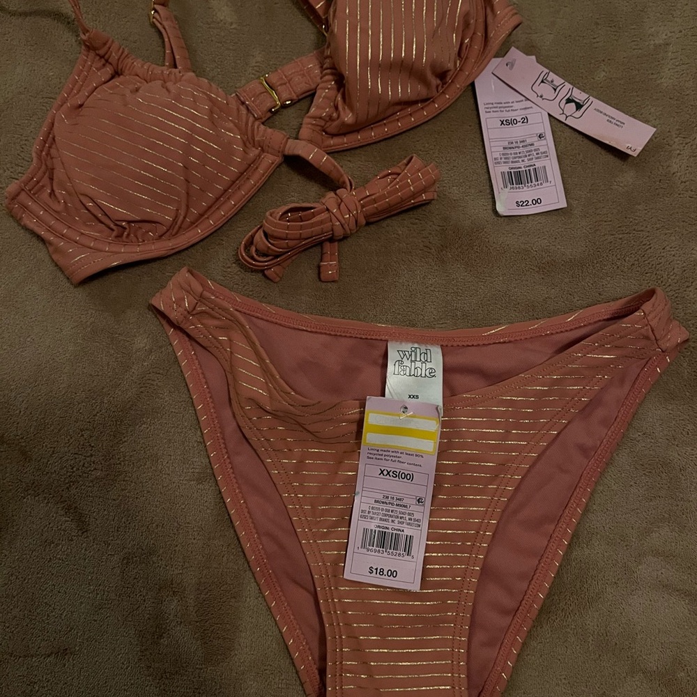 Wild Fable Pink and Gold Bikini Set with Ribbed Texture